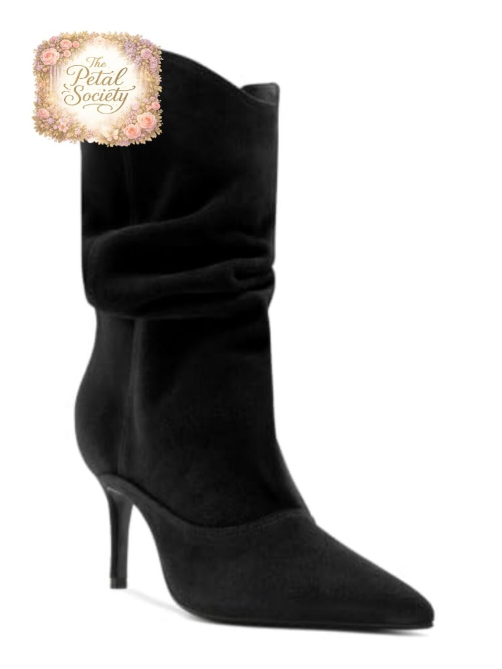 Faux Suede Slouch Mid Calf Stiletto Heel Pointed Toe Pull On Boots